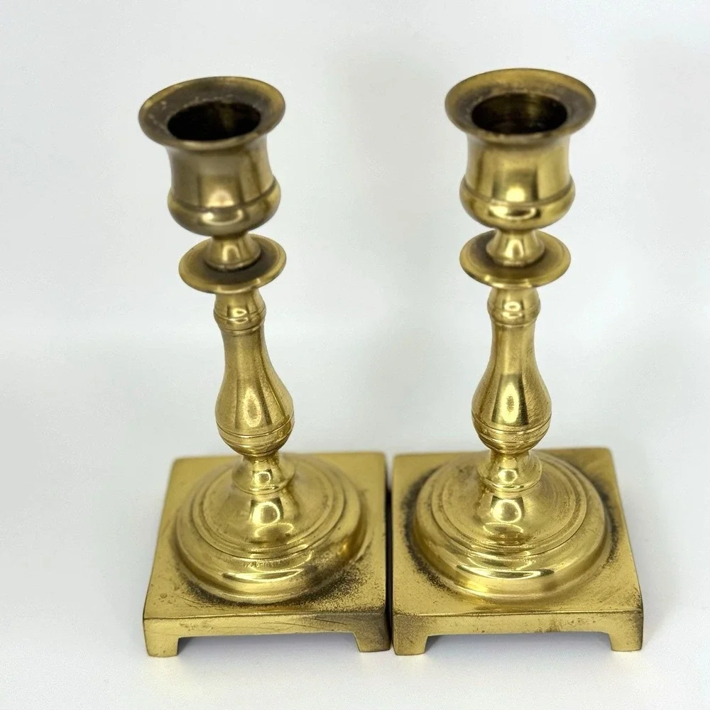 VTG Solid Brass Candlestick Holder Pair Made in England Square Base 5.5
